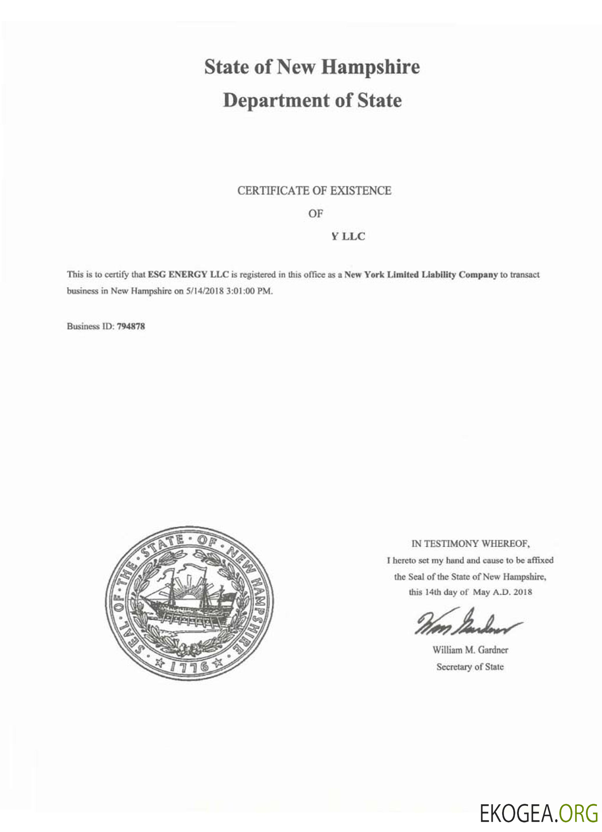 Certificat de bonne réputation aux États Unis, New Hampshire